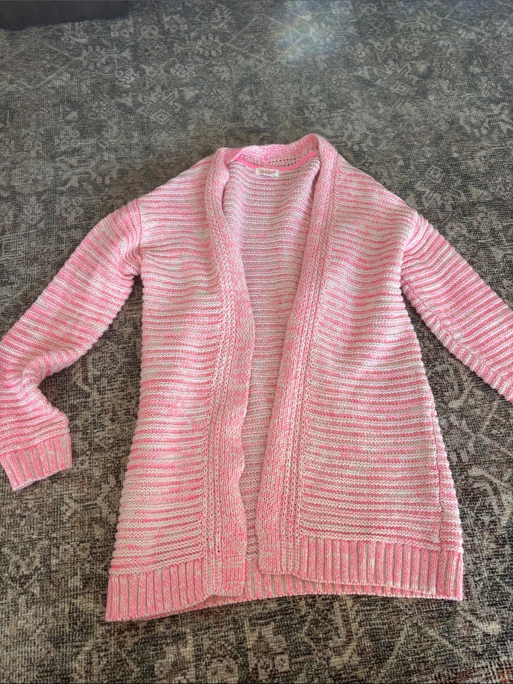 Girls Open-Front Pink Knit Cardigan Sweater